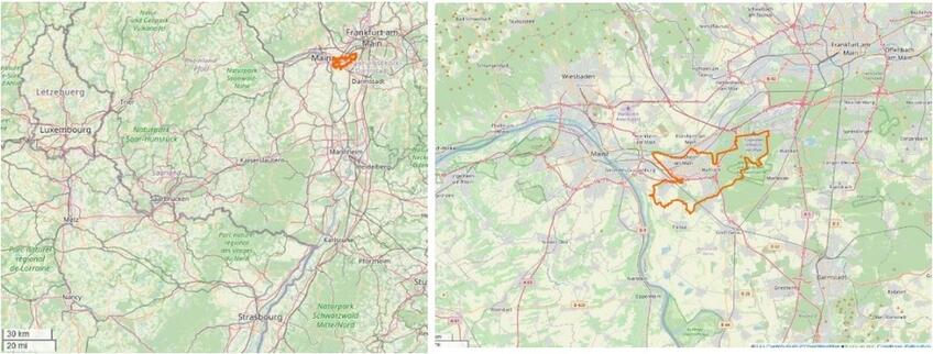 Figure 1 : Cartes de la zone où le sanglier positif PPA a été trouvé au Sud Ouest de Francfort Figure 1 : Cartes de la zone où le sanglier positif PPA a été trouvé au Sud Ouest de Francfort